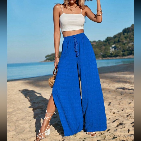 Boho tassel waist slit thigh wide leg palazzo pants - Picture 3 of 5